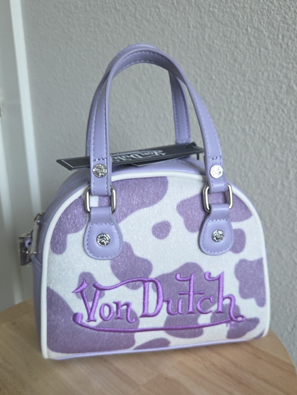 Von Dutch Lavender & White Cowprint Mini Bowling Bag Vegan Pony Hair Crossbody